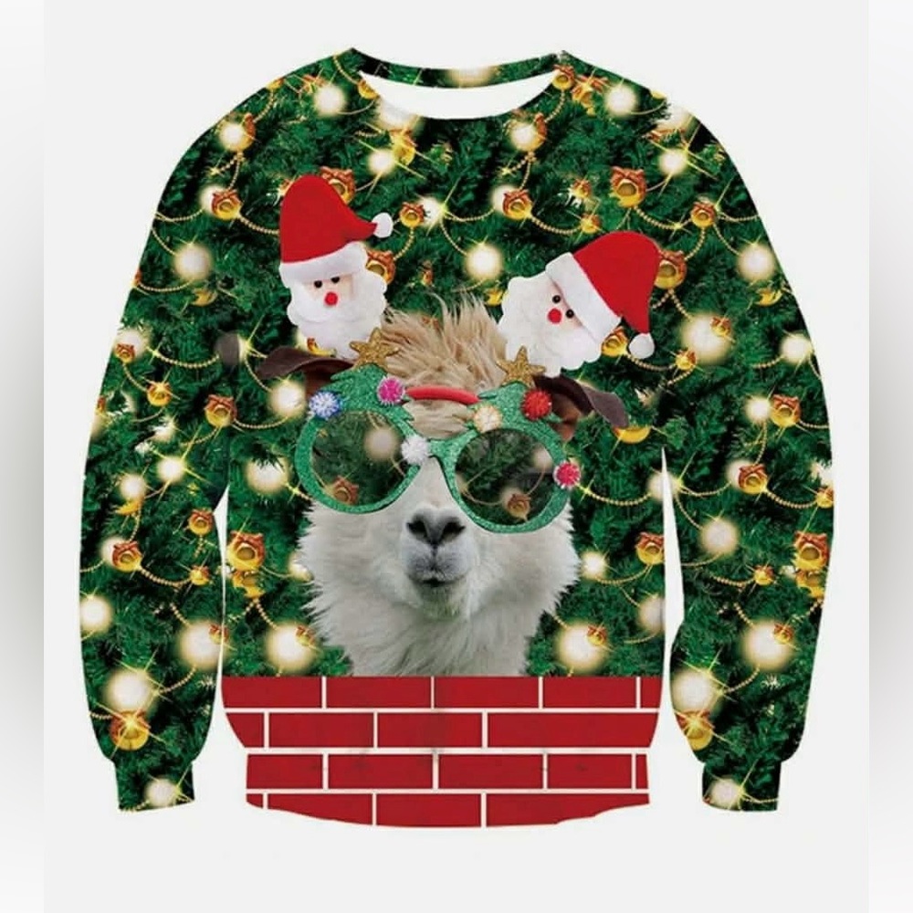 Green Novelty Unisex Kids Large Christmas Llama Polyester Sweatershirt